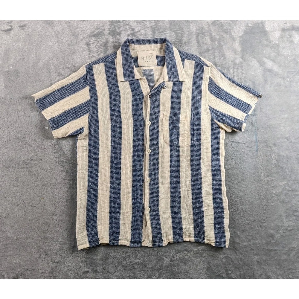 Kardo Shirt Mens Large Striped Camp Collar Loop Handwoven Knit Short Sleeve